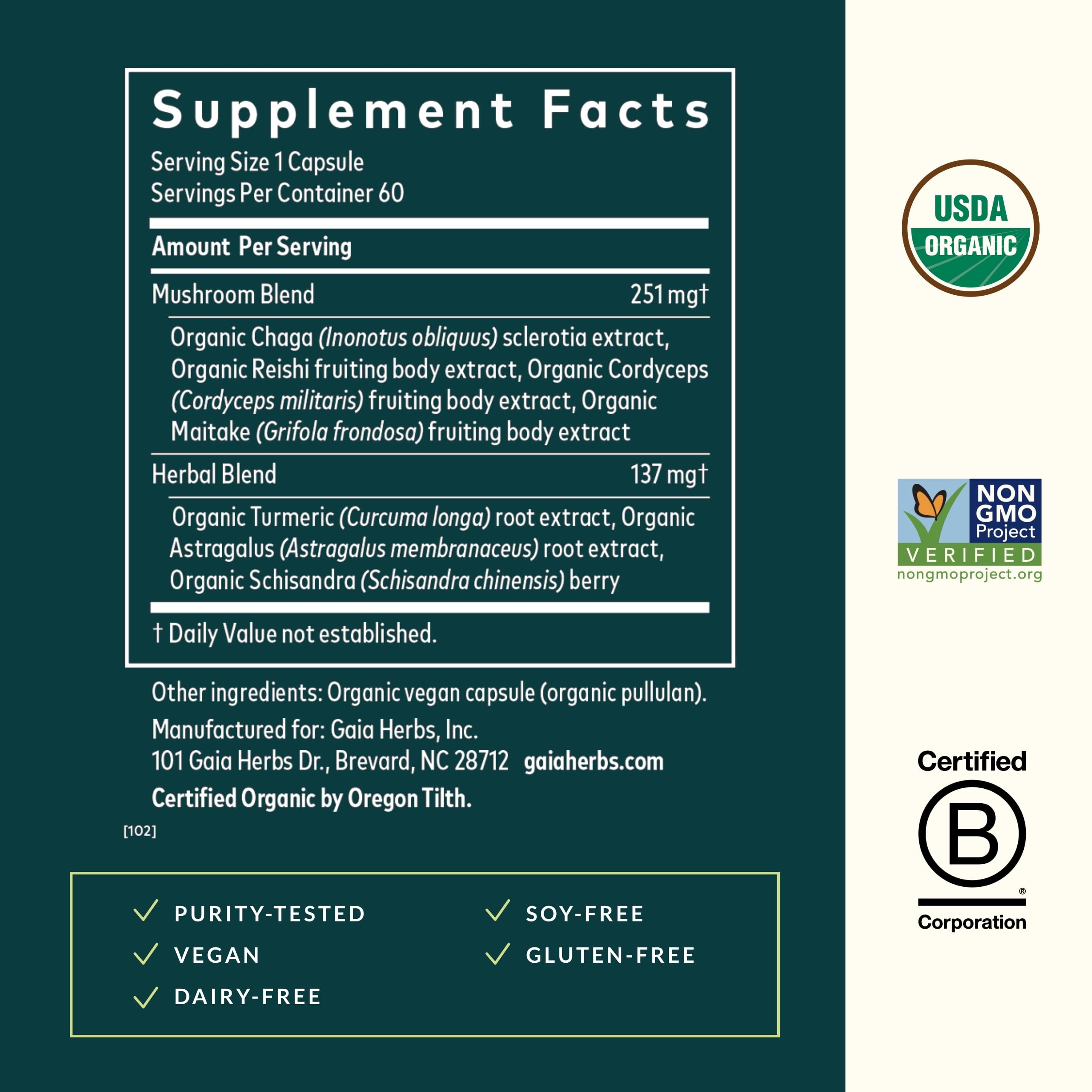 Nutrition facts panel on Gaia Herbs Everyday Immune Mushrooms & Herbs