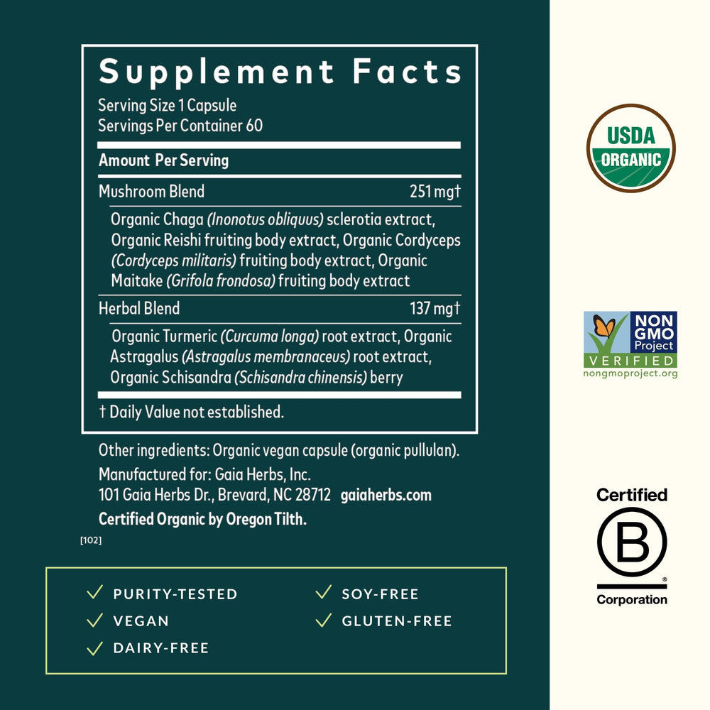 Nutrition facts panel on Gaia Herbs Everyday Immune Mushrooms & Herbs