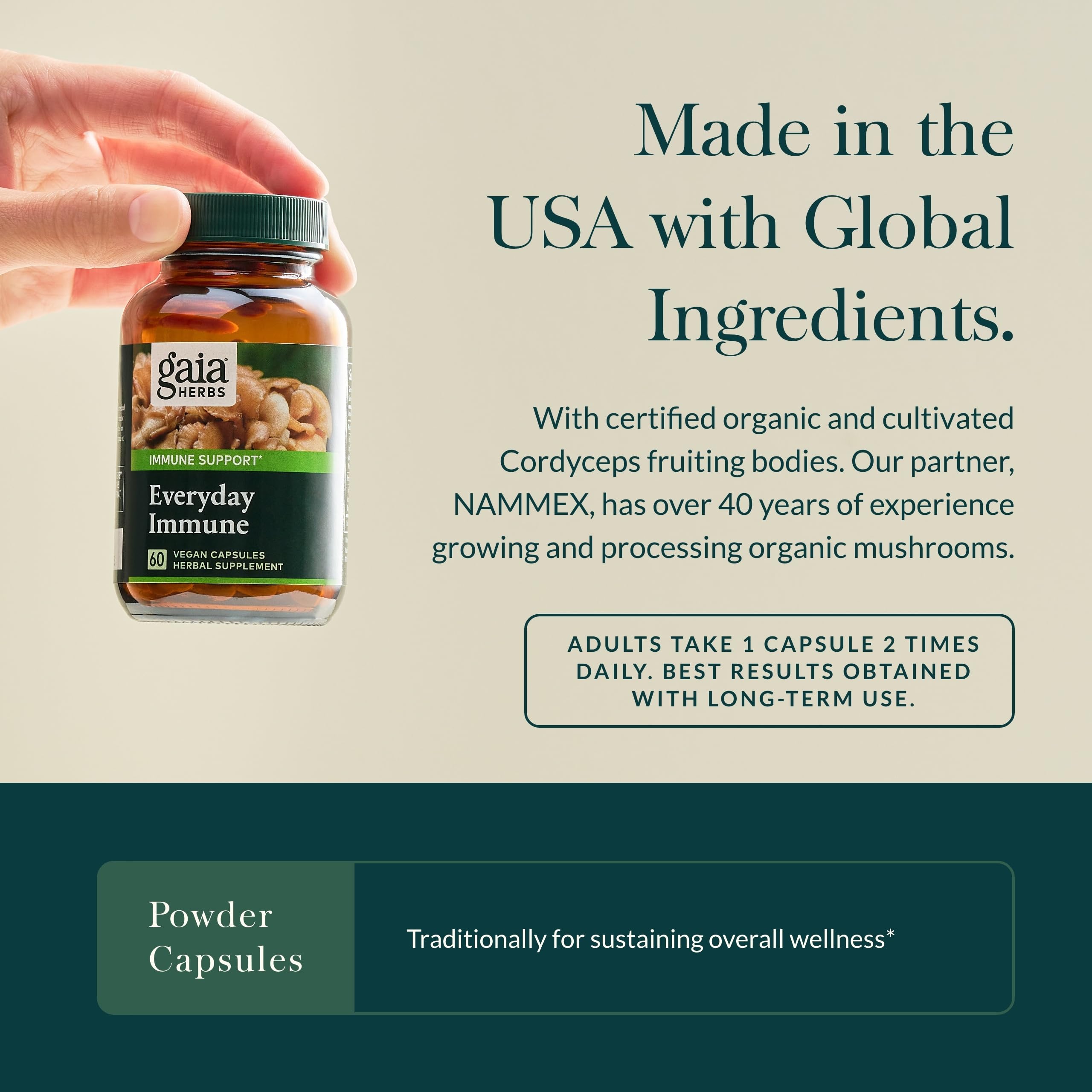 Immune support ingredients include cordyceps and shiitake mushrooms