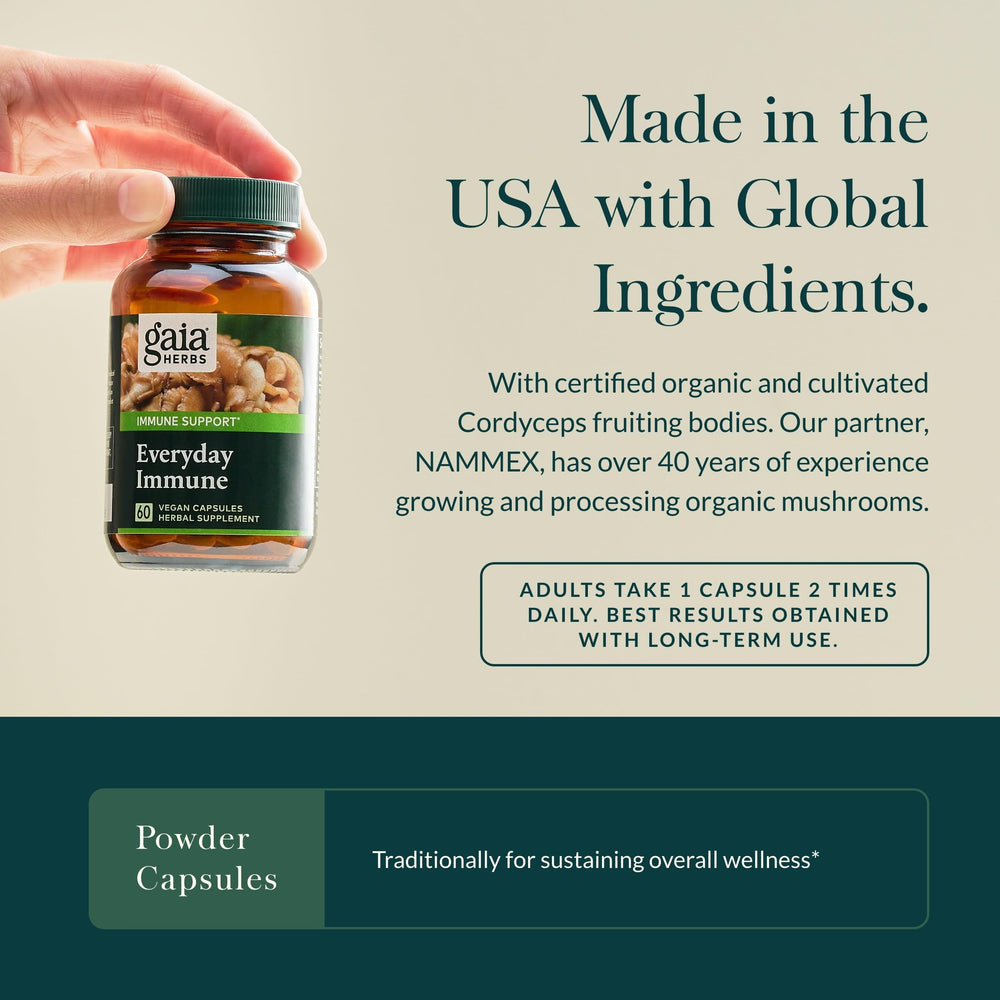 Immune support ingredients include cordyceps and shiitake mushrooms