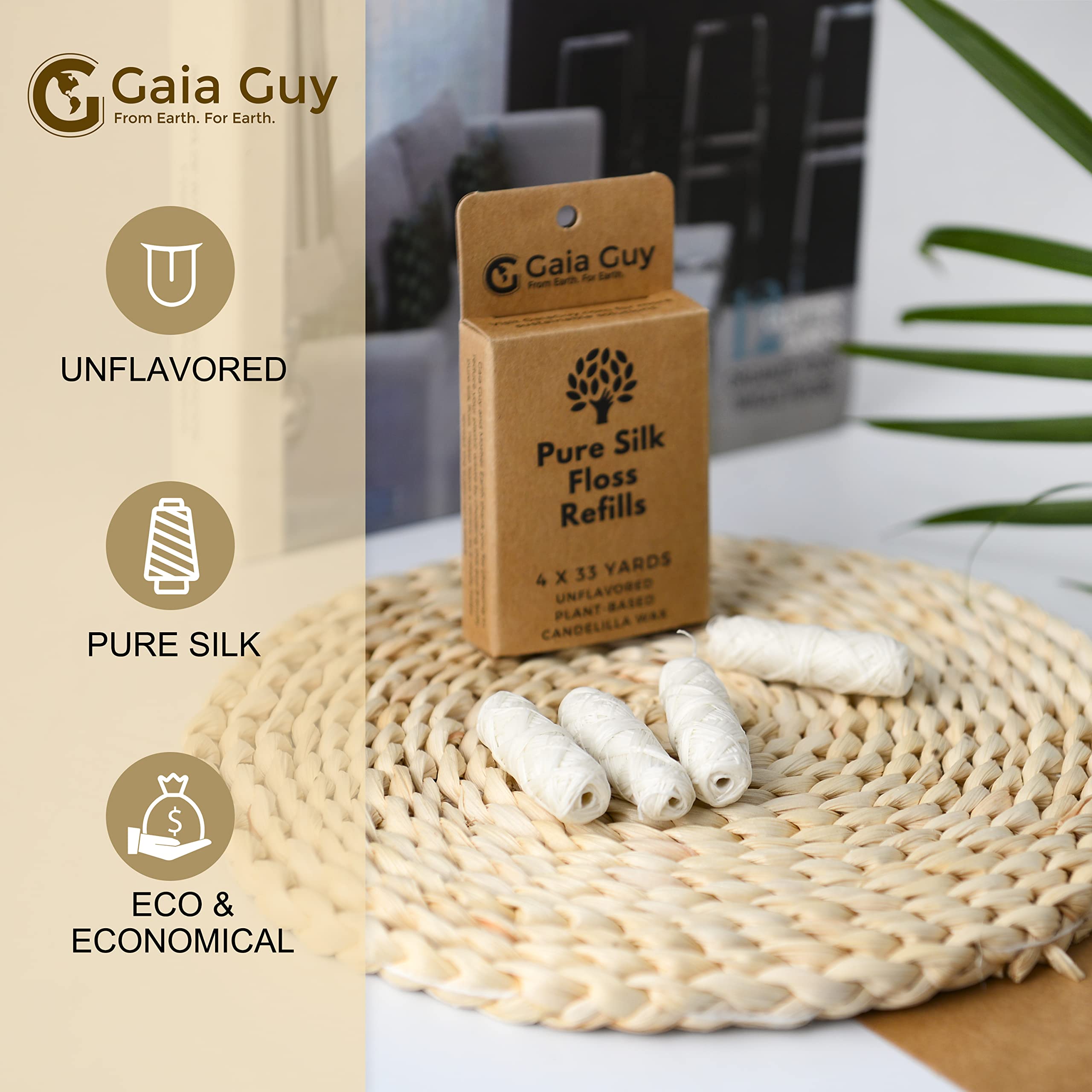 Reusable glass floss container with Gaia Guy silk floss refills