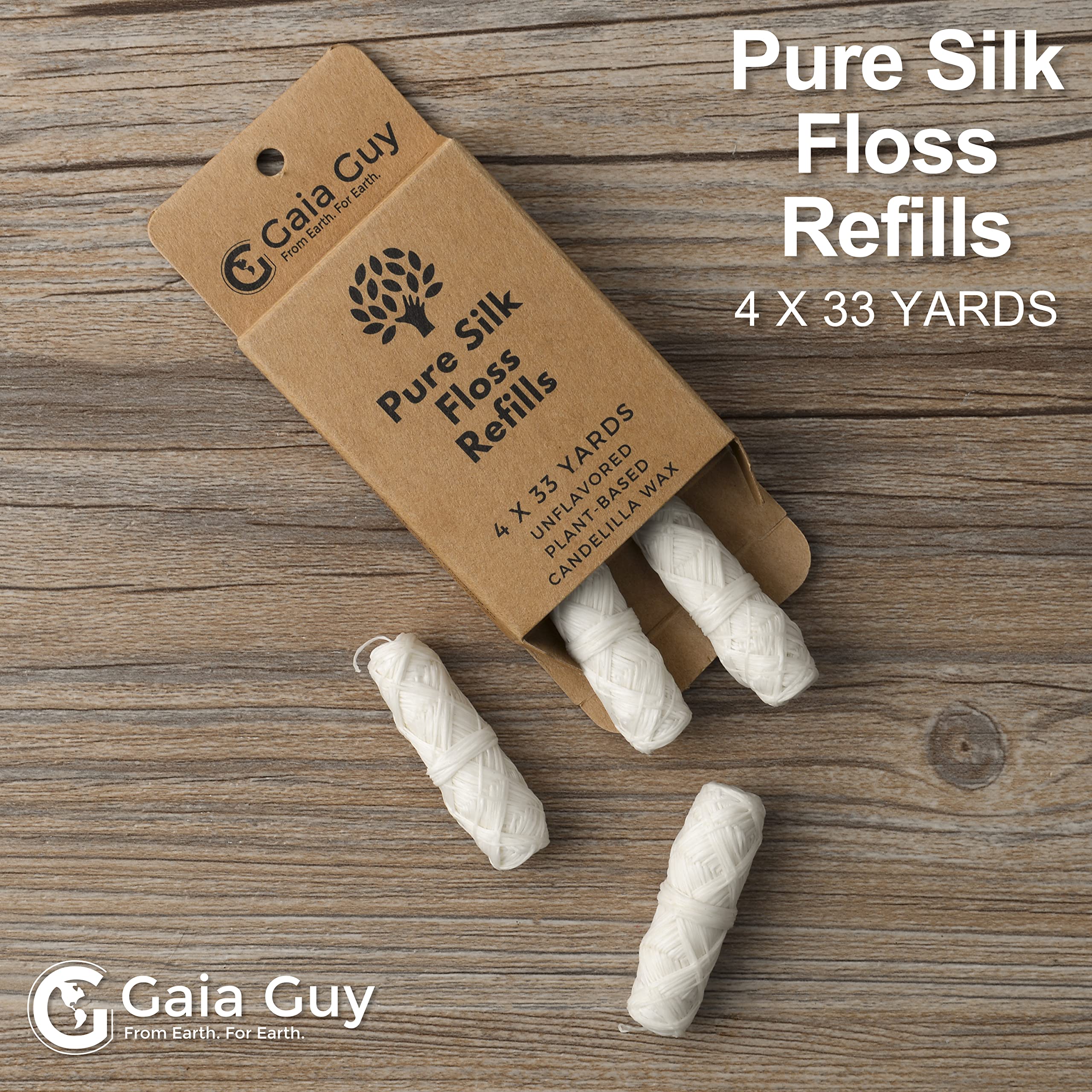 Close-up of Gaia Guy silk floss refill showing 33-yard length