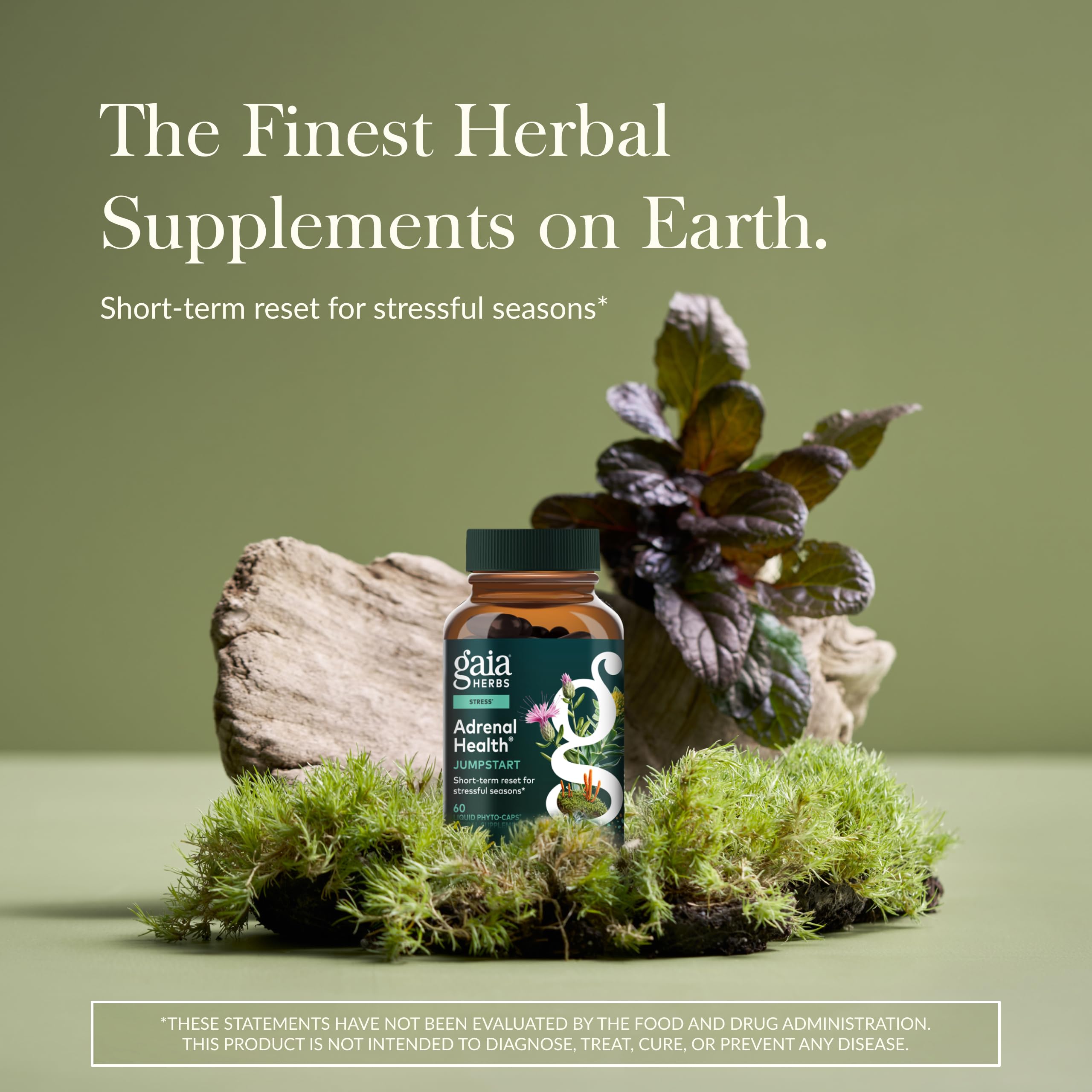 Gaia Herbs Adrenal Health Jumpstart capsules close-up, may support energy balance during stress