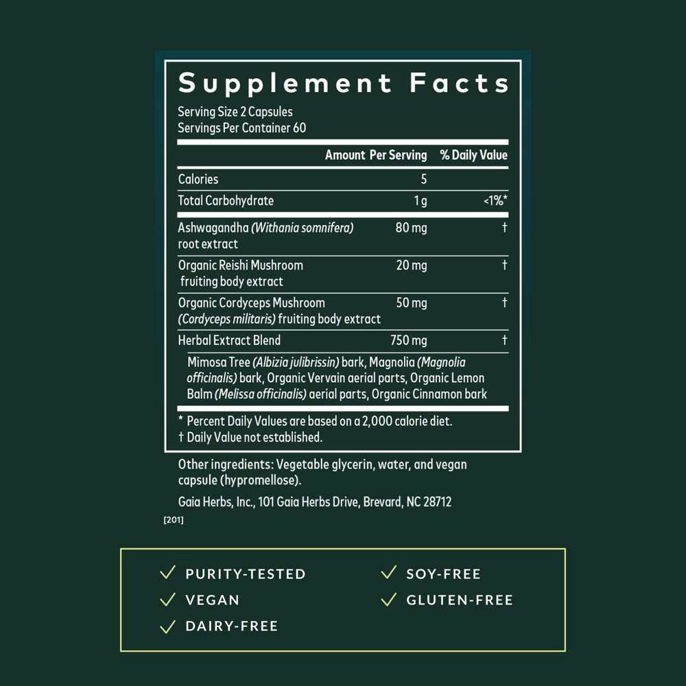 Close-up of Gaia Herbs Adrenal Health Nightly Restore capsules for nightly use