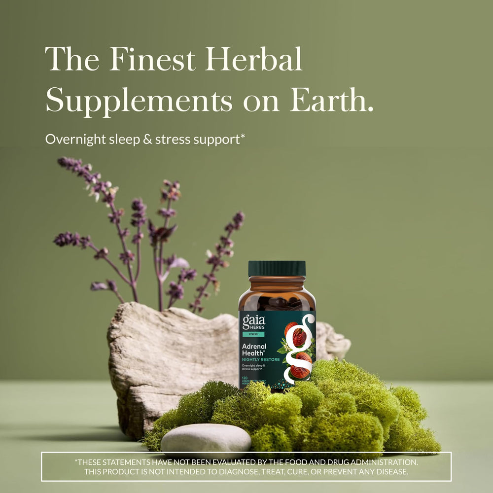 Gaia Herbs Adrenal Health Nightly Restore label close-up highlighting herbal ingredients