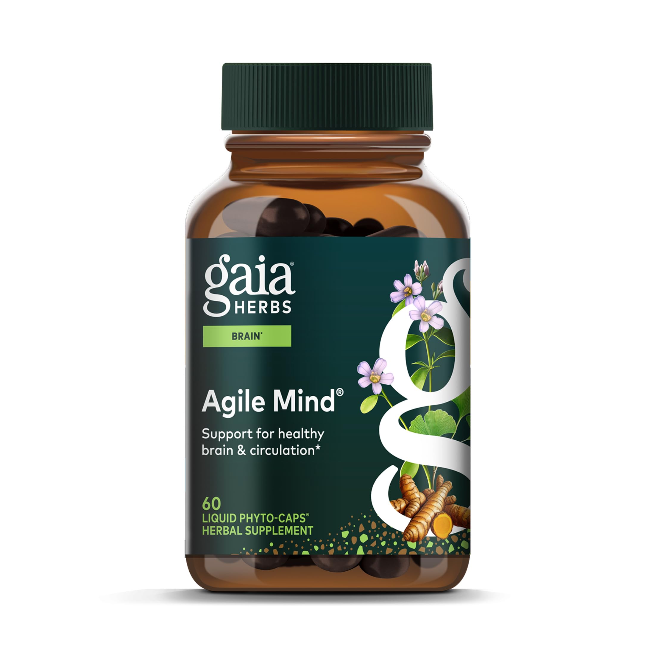 Gaia Herbs Agile Mind bottle shown on a counter, suggesting daily cognitive support.