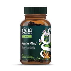 Gaia Herbs Agile Mind bottle shown on a counter, suggesting daily cognitive support.