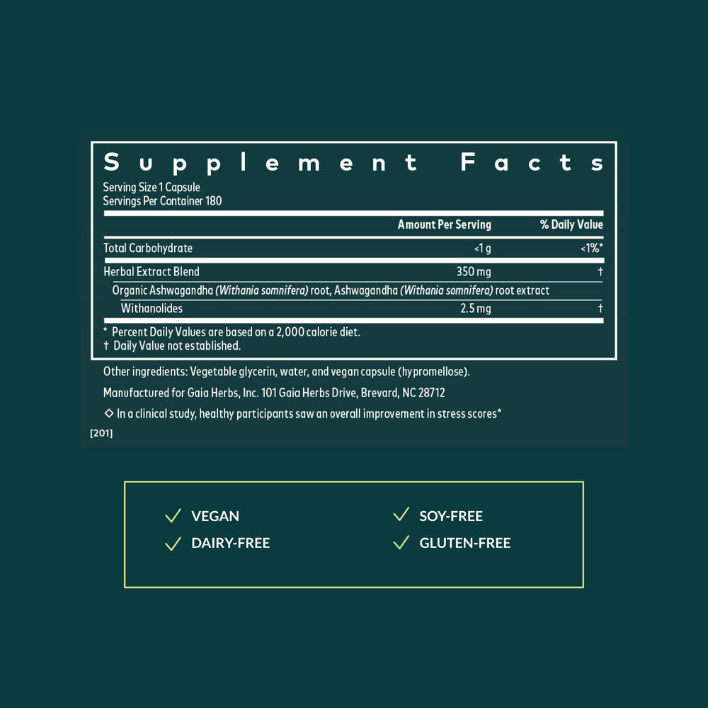 Gaia Herbs Ashwagandha capsules bottle—daily ritual for stress support.