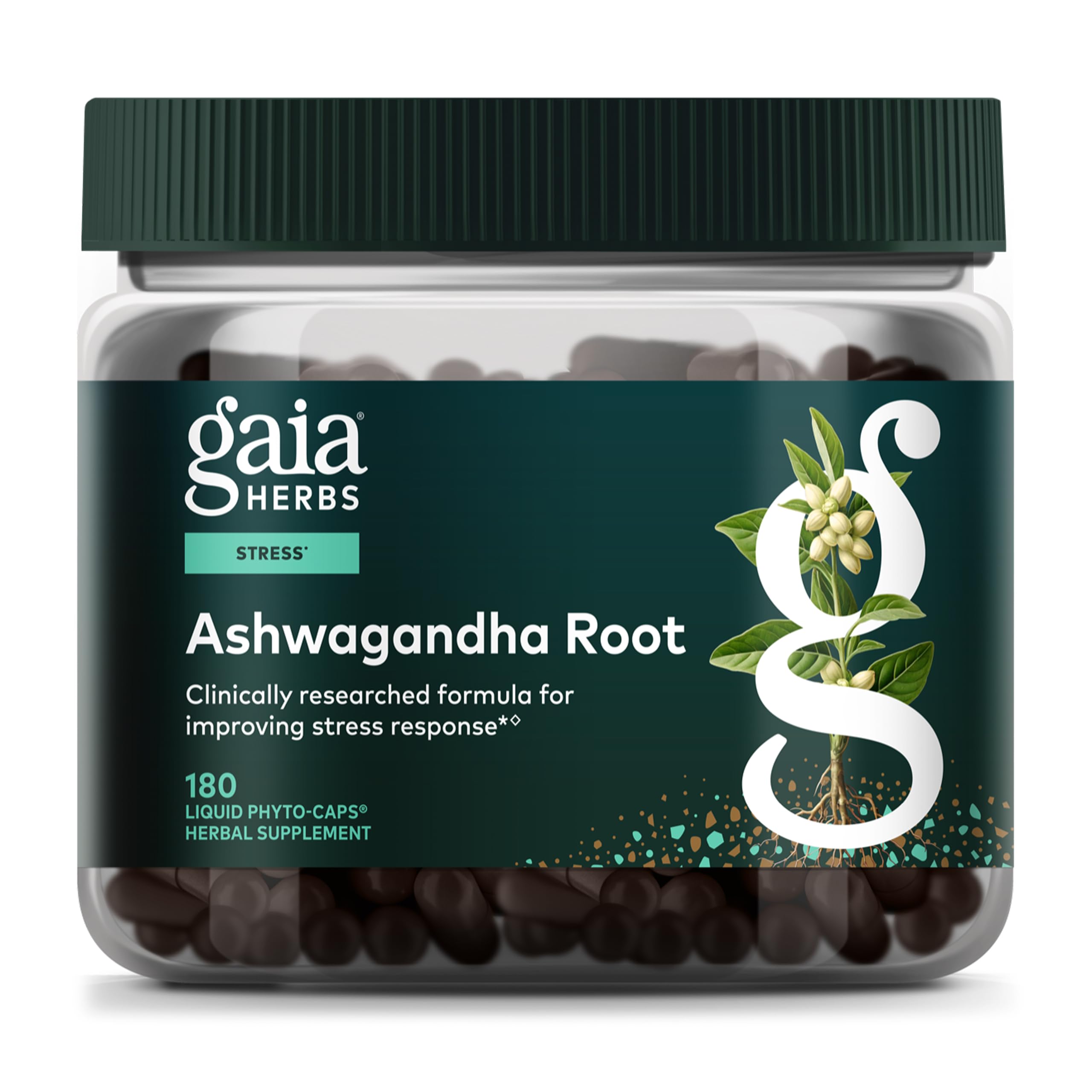 Gaia Herbs Ashwagandha root bottle pour may support stress management.