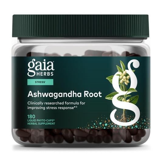 Gaia Herbs Ashwagandha Root Stress Relief and Sleep Support Capsules – 180 vegan capsules front view