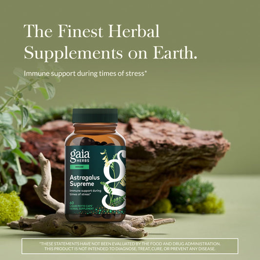 Gaia Herbs bottle close-up highlighting label and vegan liquid phyto-cap concept for quality