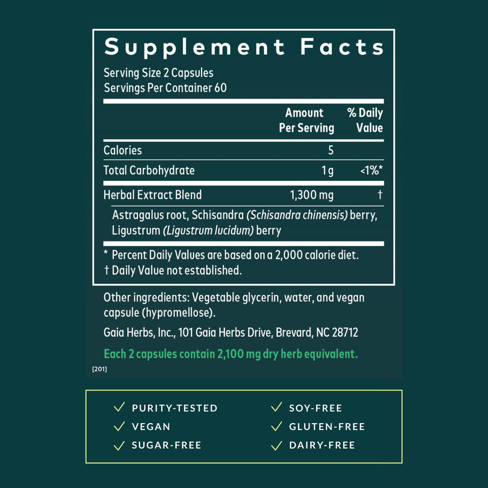 Gaia Herbs Astragalus Supreme ingredients featuring schisandra berry.