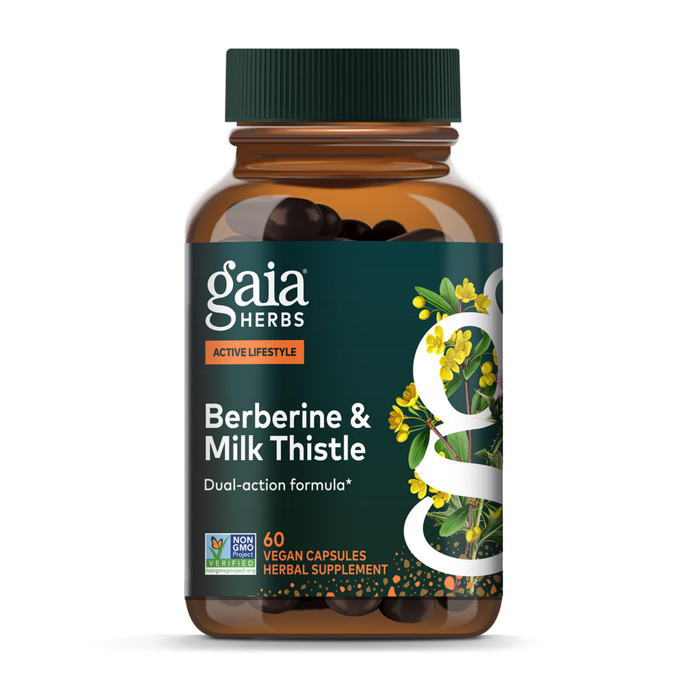 Gaia Herbs Berberine & Milk Thistle bottle with capsules for daily liver and metabolism support.