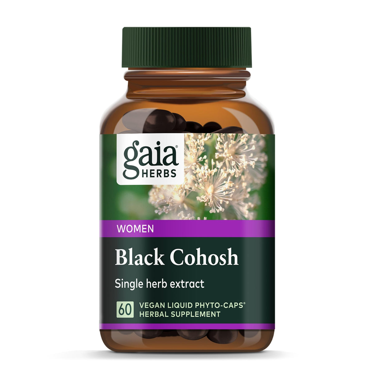 Gaia Herbs Black Cohosh bottle front label - 60 vegan liquid phyto-capsules