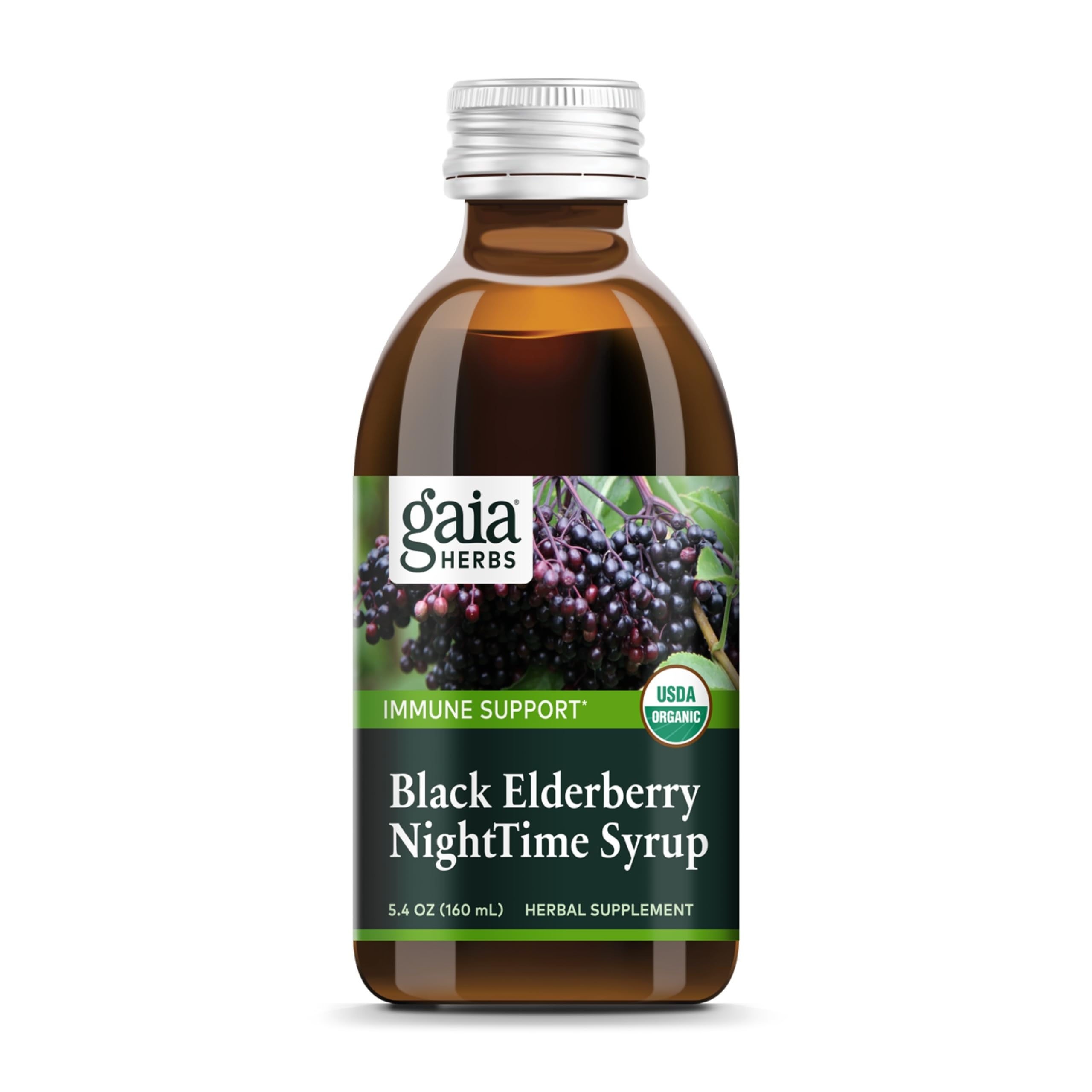 Gaia Herbs Black Elderberry NightTime Syrup bottle and packaging