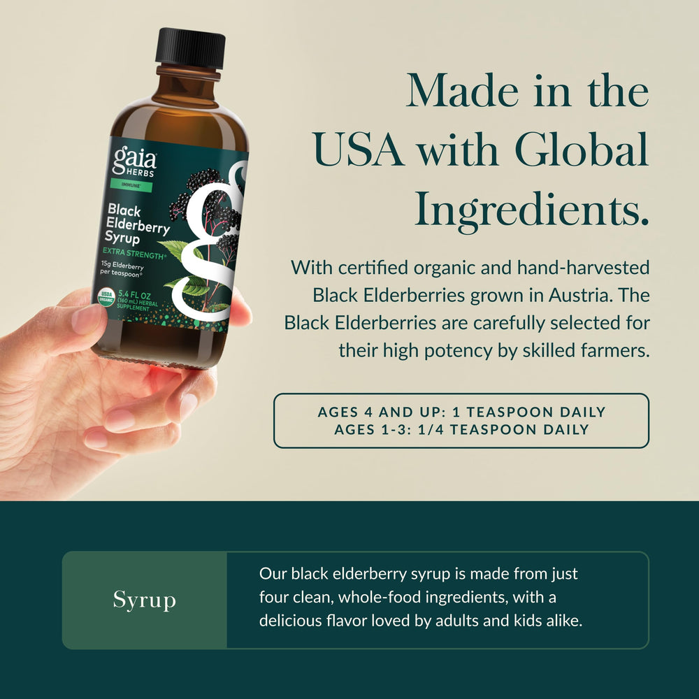 Gaia Herbs Black Elderberry Syrup bottle beside packaging