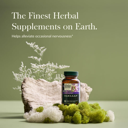 Close-up of Gaia Herbs Calm A.S.A.P. liquid phytocapsules