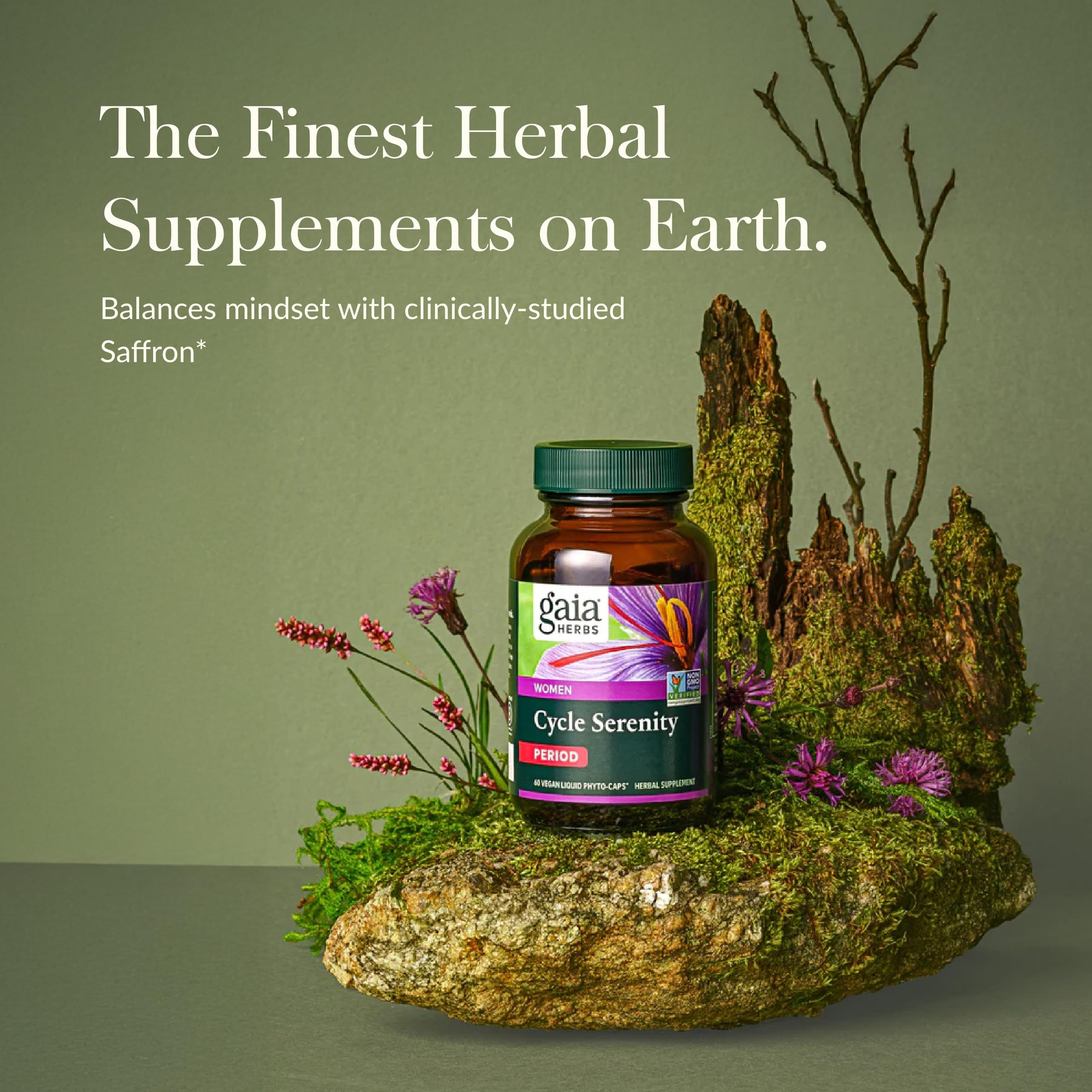Close-up of Gaia Herbs Cycle Serenity label on the bottle