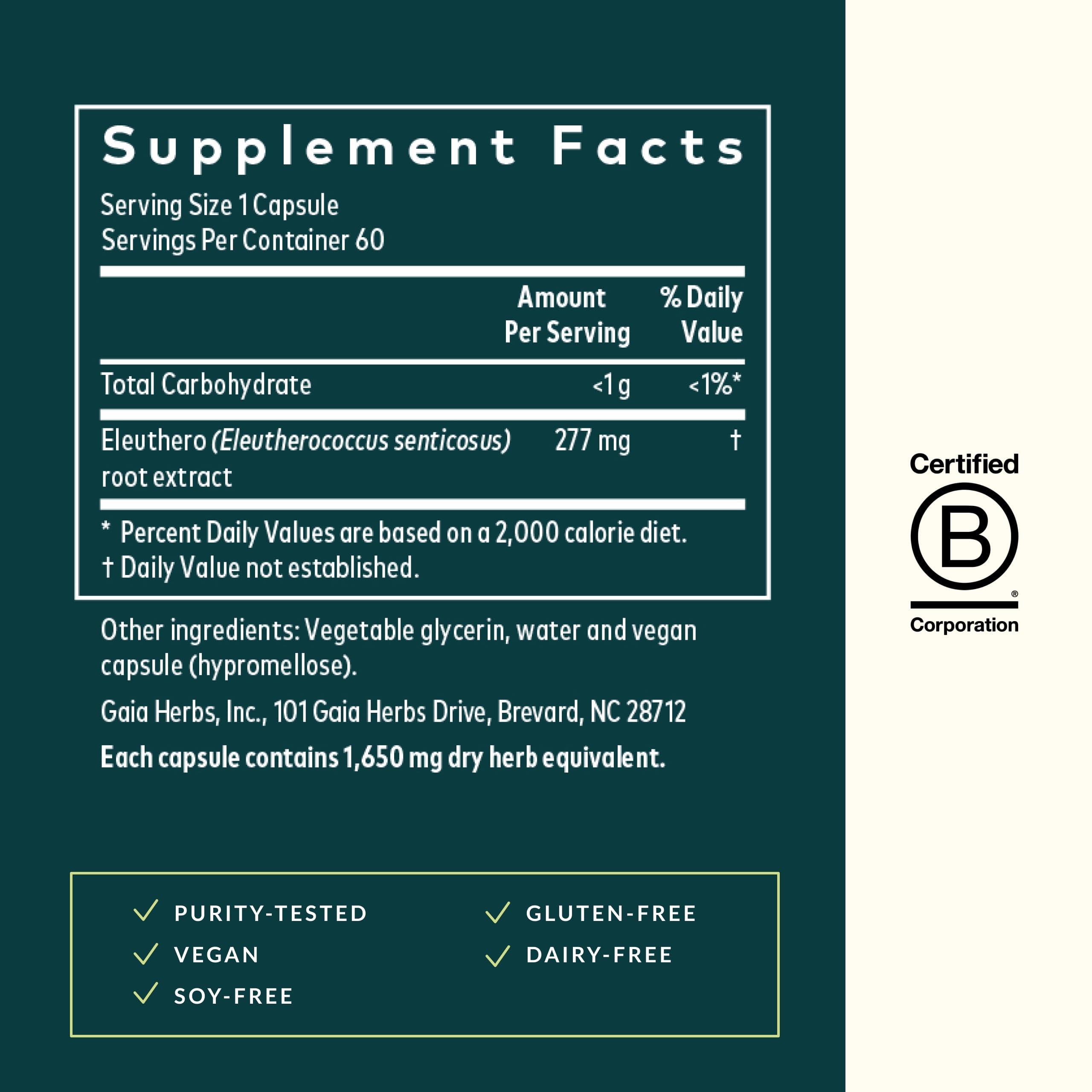 Front label of Gaia Herbs Eleuthero Root product