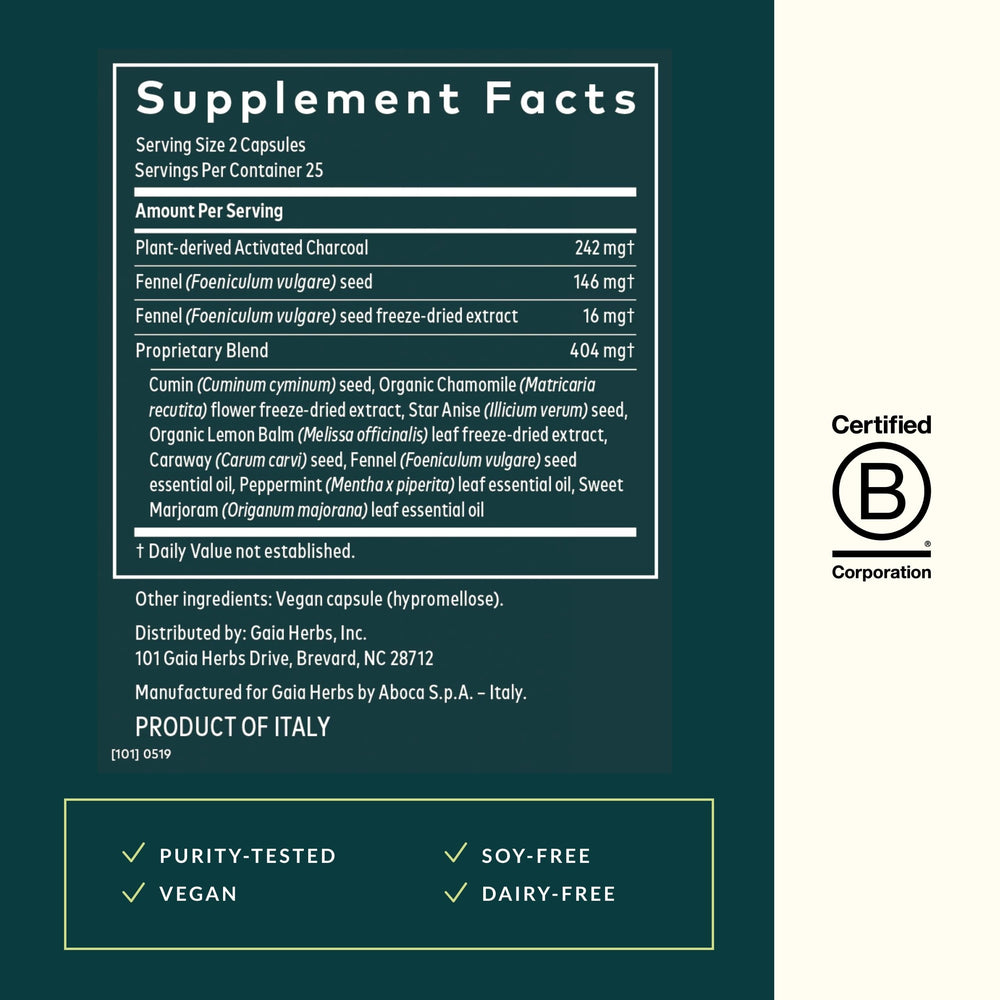 Gaia Herbs Gas & Bloating vegan capsules designed for daily digestive support