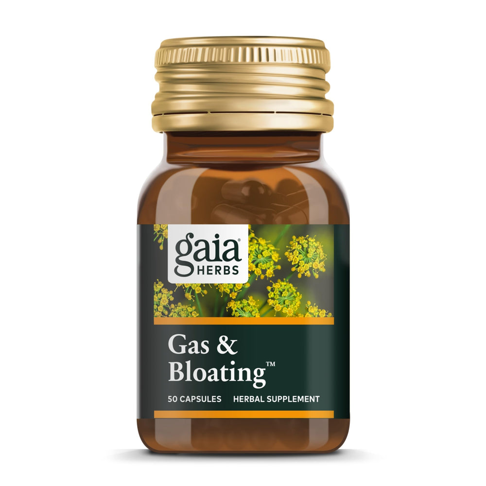Gaia Herbs Gas & Bloating bottle label highlighting activated charcoal for gentle support