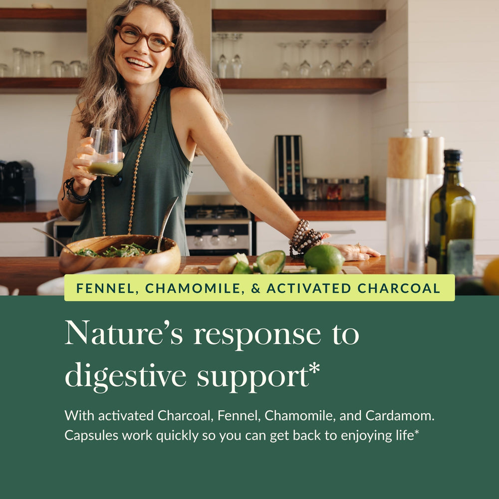 Gaia Herbs Gas & Bloating box and bottle on kitchen counter