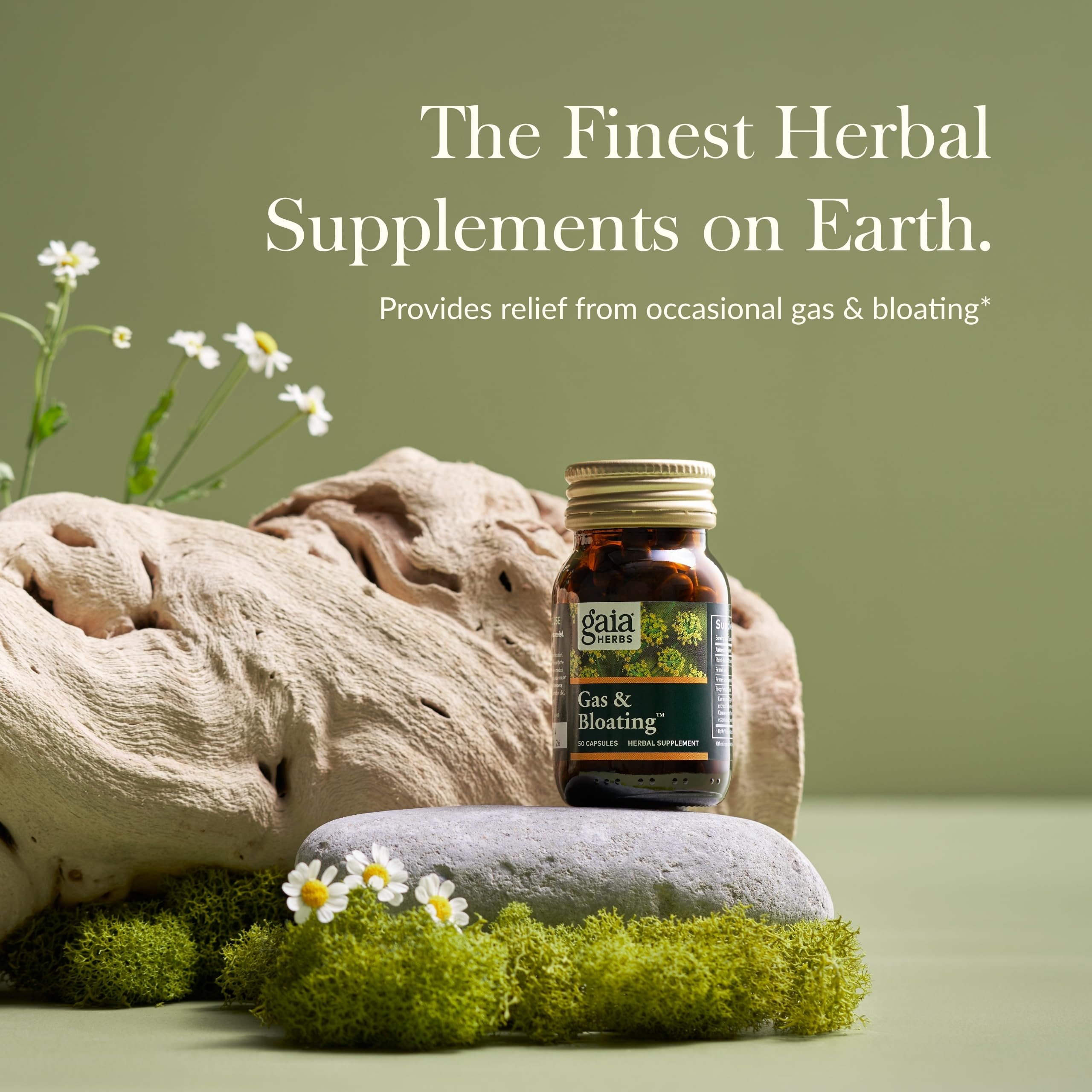Gaia Herbs Gas & Bloating capsules close-up emphasizes fennel and chamomile for digestion