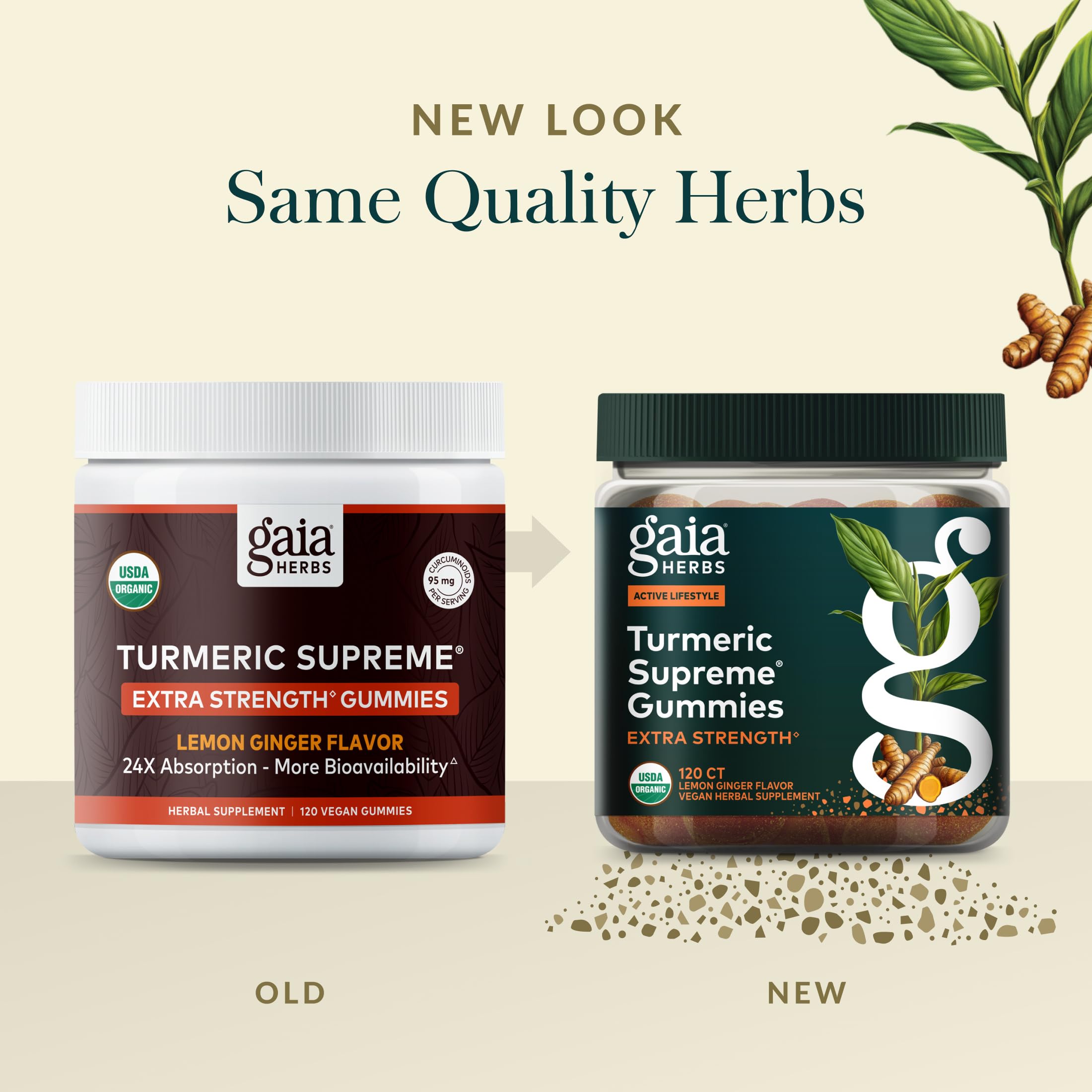 Gaia Herbs gummy on hand illustrating easy daily serving