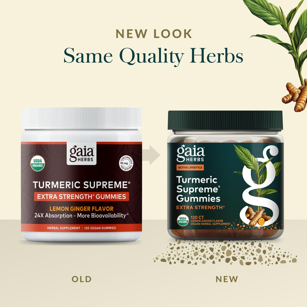 Gaia Herbs gummy on hand illustrating easy daily serving
