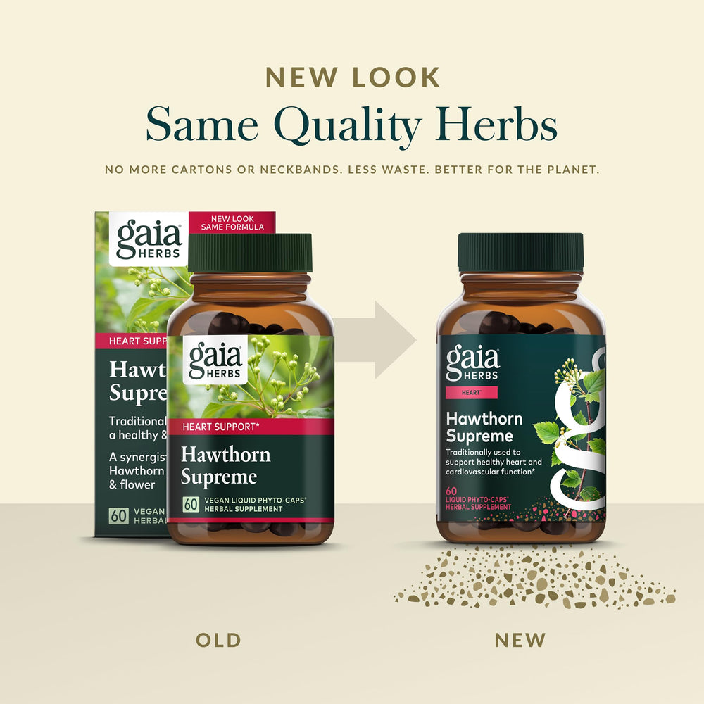Product label and supplement facts of Gaia Herbs Hawthorn Supreme
