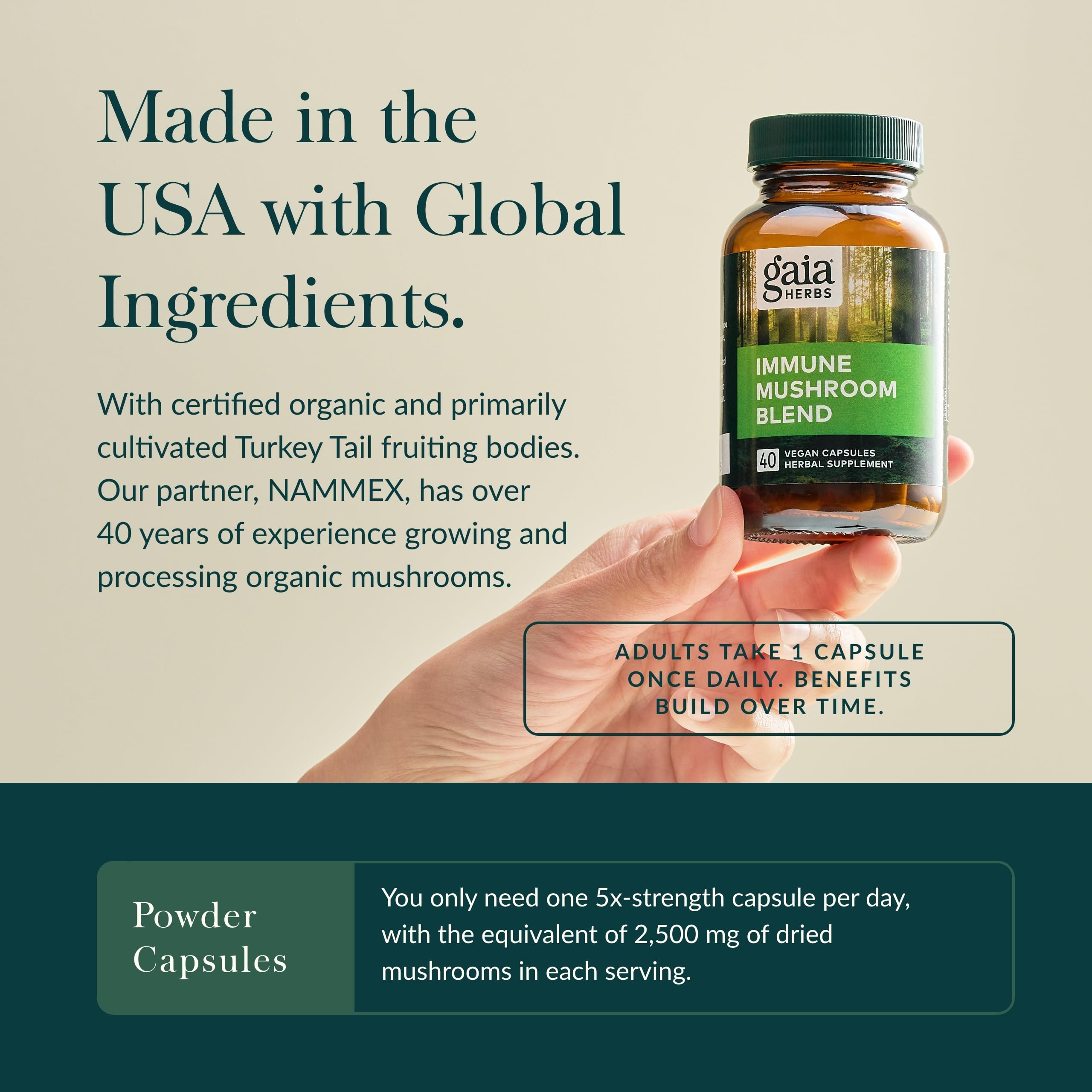 Gaia Herbs Immune Mushroom Blend product image with bottle and box
