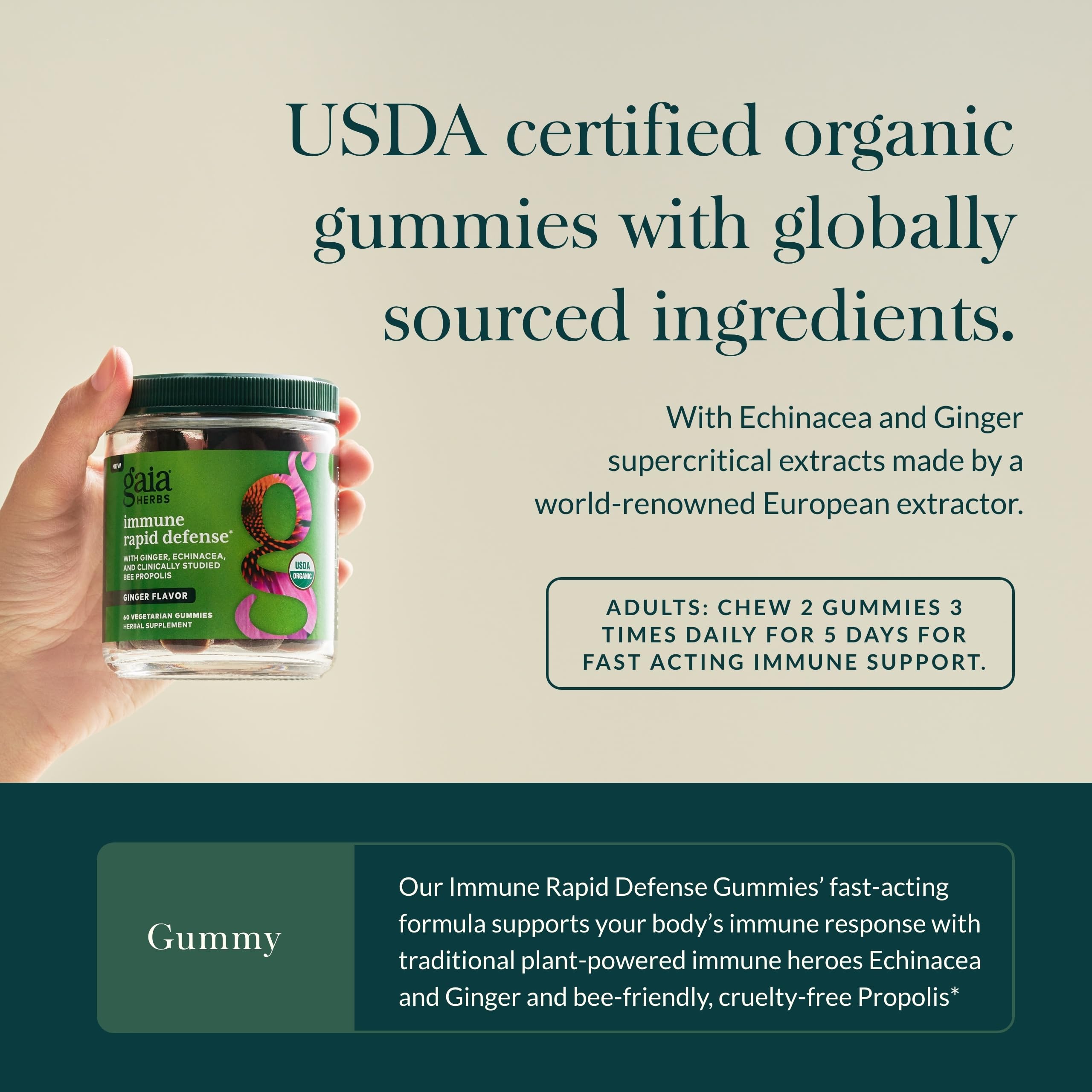 Gummy texture and color of Gaia Immune Rapid Defense Gummies