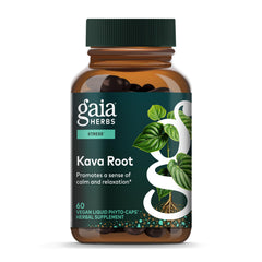 Gaia Herbs Kava Root bottle on a light countertop