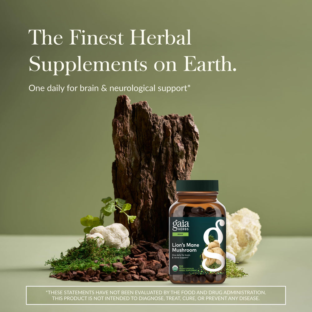 Close-up of Gaia Herbs Lion's Mane capsules for daily wellness and cognitive focus.