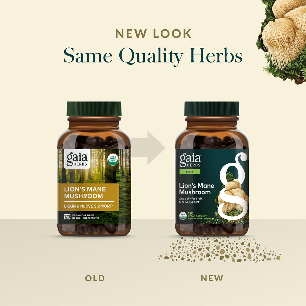Organic Gaia Herbs Lion's Mane label with detailed nutrient information.