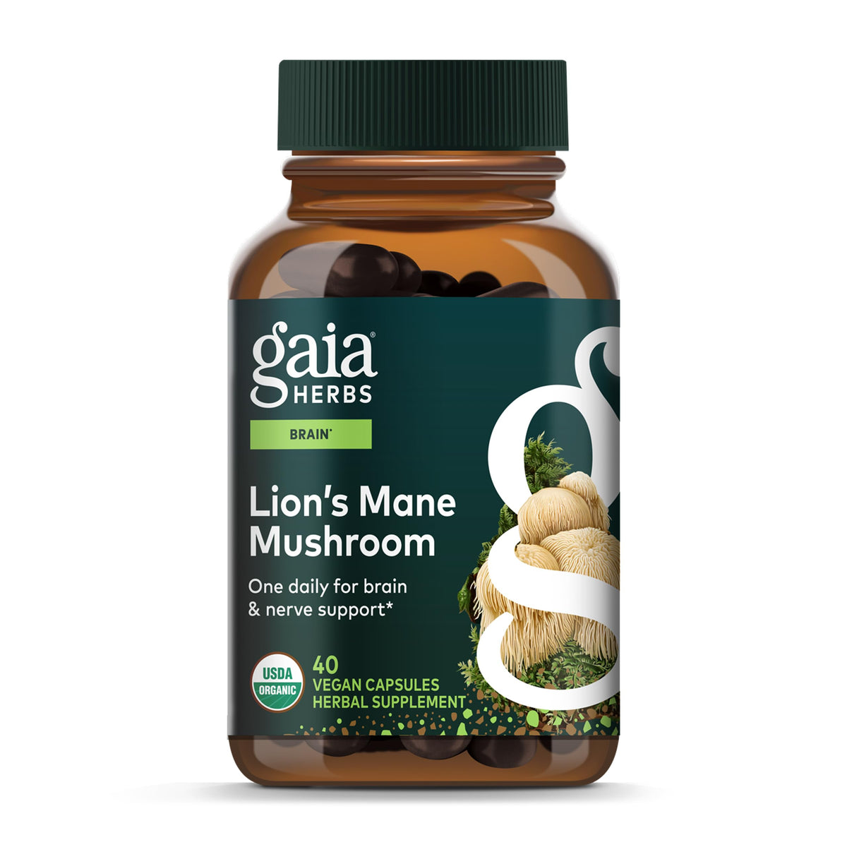 Gaia Herbs Lion’s Mane bottle with 40 vegan capsules