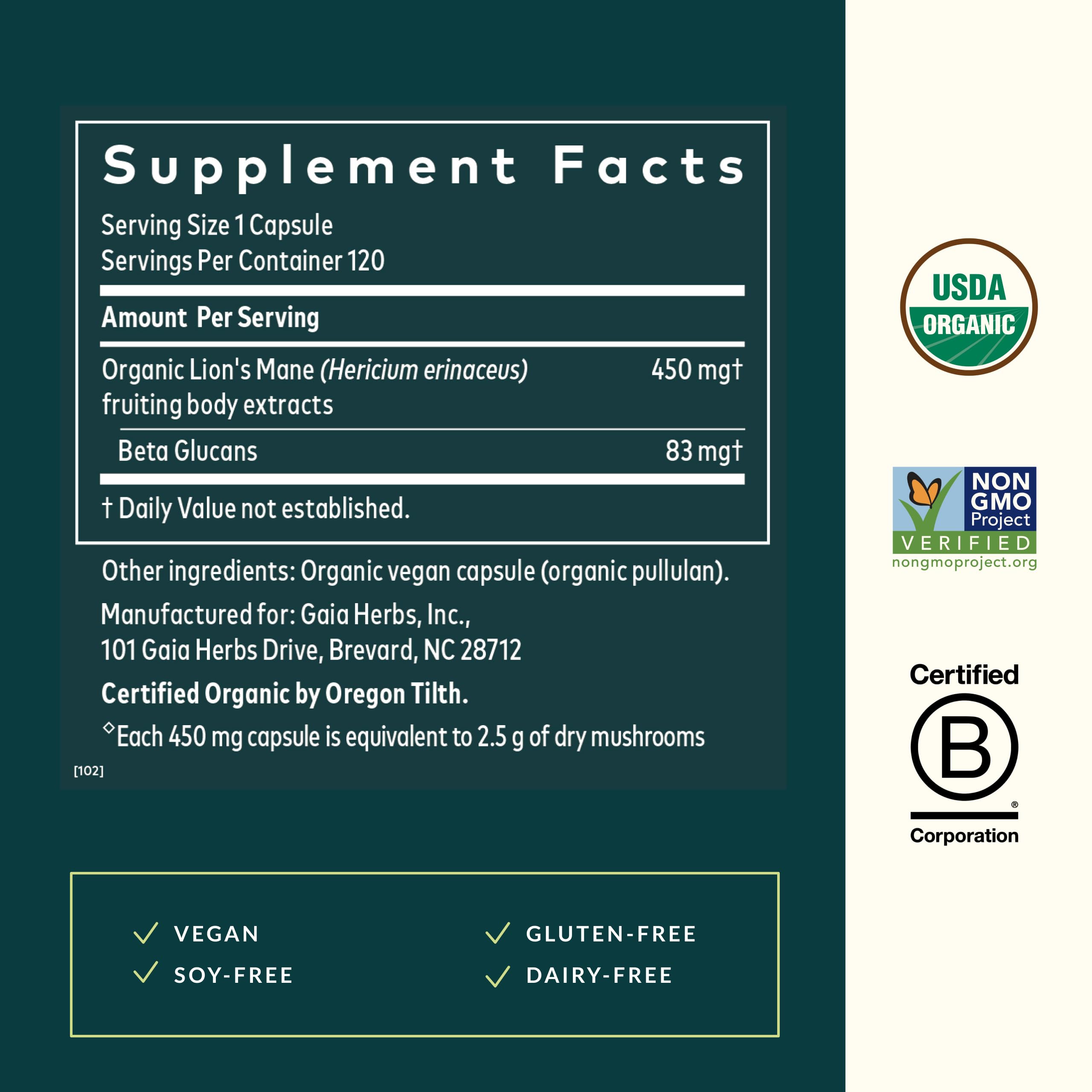 USDA Organic Lion's Mane mushroom from Gaia Herbs