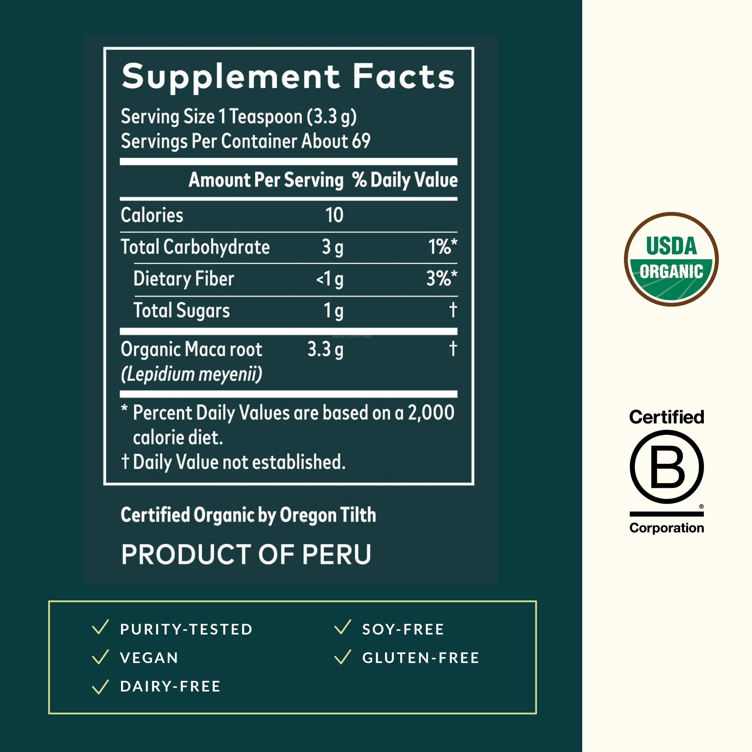 USDA Organic certified maca powder label