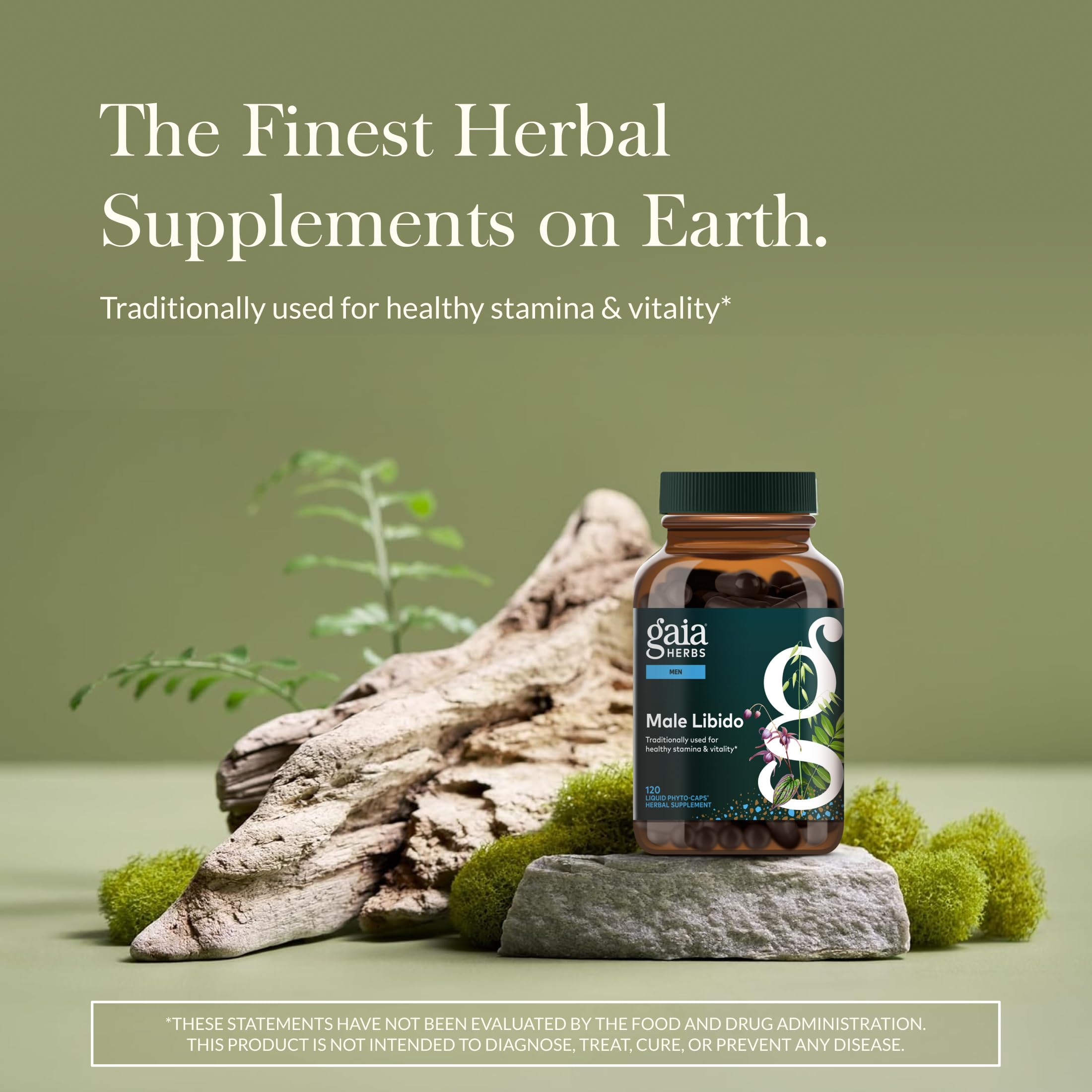 Close-up of Gaia Herbs Male Libido capsules highlighting vegan formula for energy