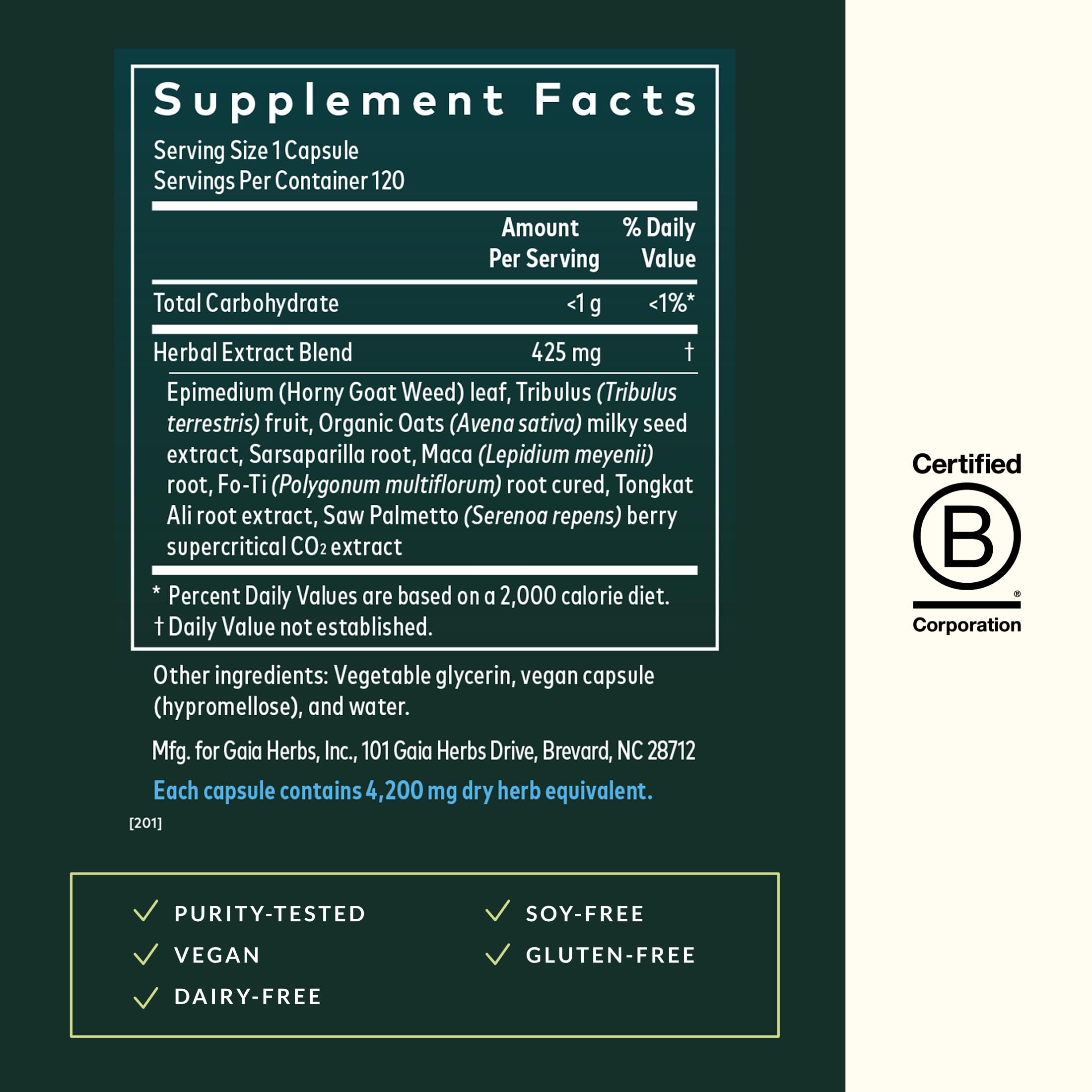 Gaia Herbs Male Libido label detail emphasizing gluten-free, dairy-free and soy-free attributes