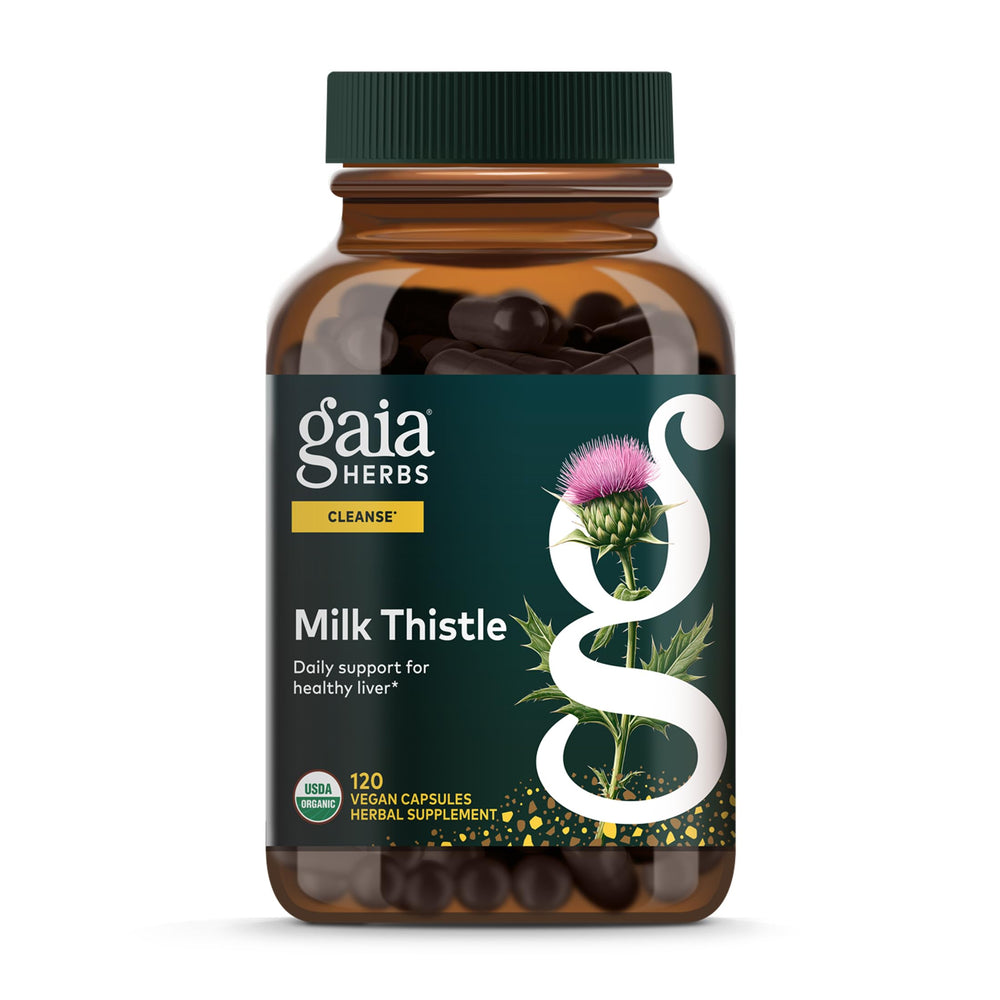 Gaia Herbs Milk Thistle bottle front view for daily liver support