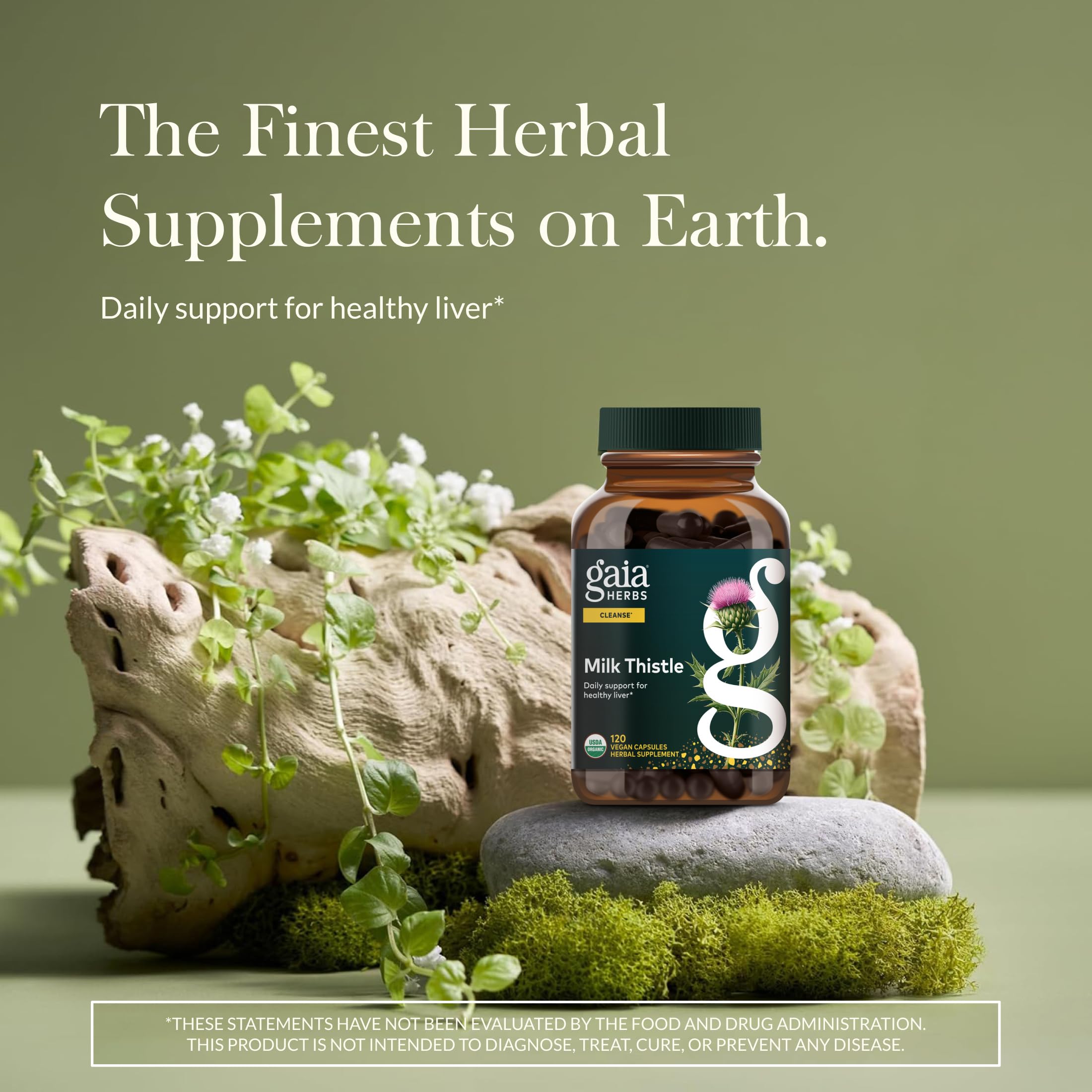 Gaia Herbs Milk Thistle capsules close-up highlighting vegan capsules