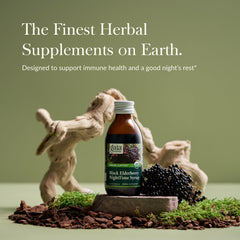 Pouring Gaia Herbs NightTime Syrup showing deep purple color