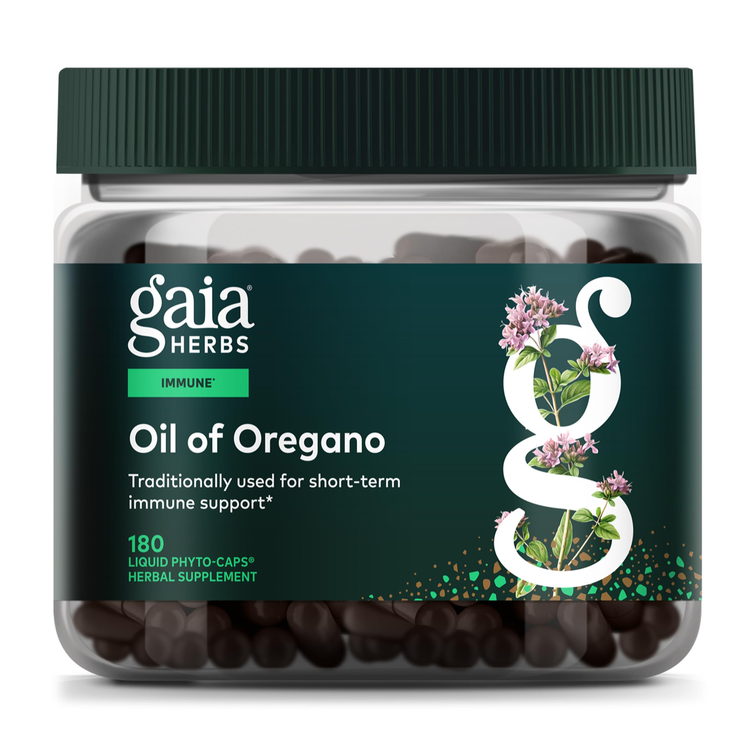 Gaia Herbs Oil of Oregano bottle highlights durable packaging for immune support.