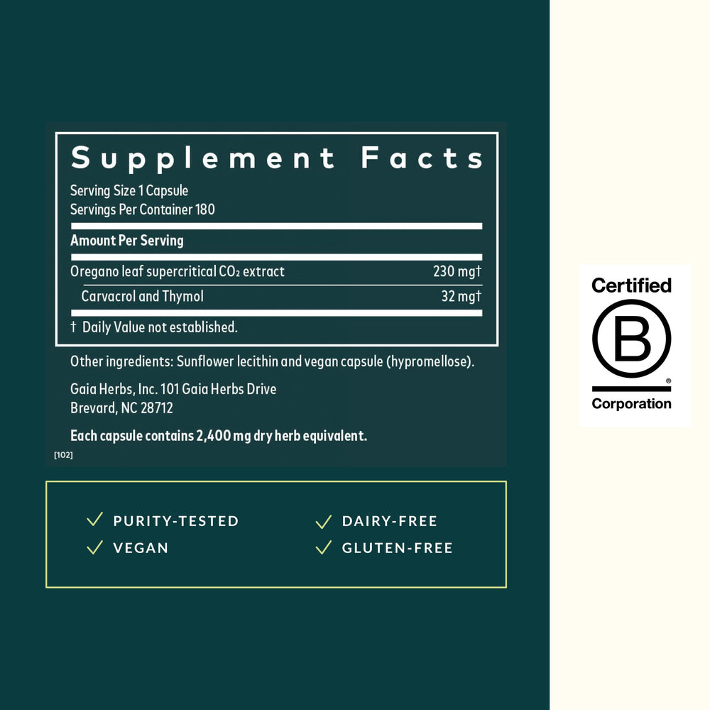 Gaia Herbs Oil of Oregano label detail showcases ingredients and care.