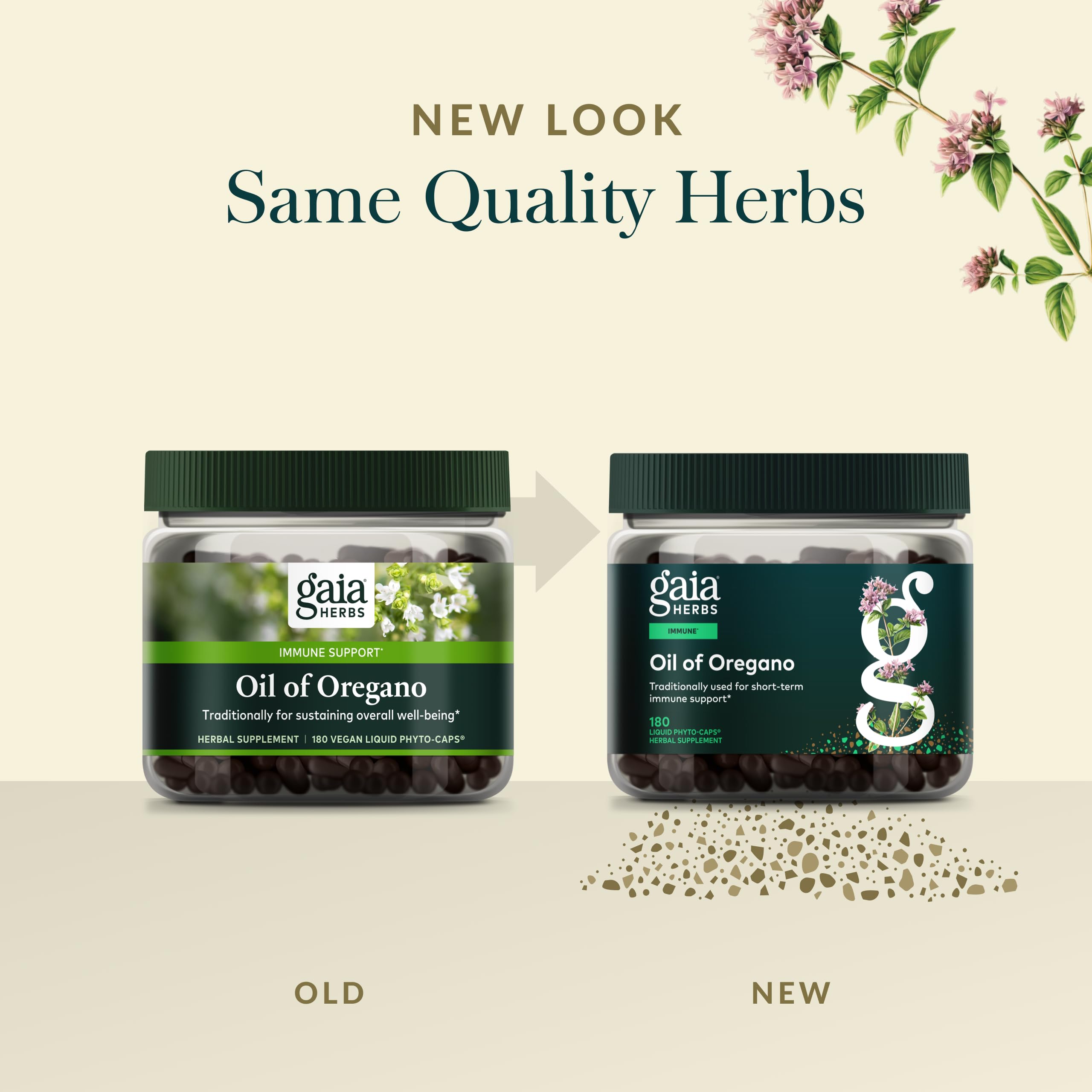 Gaia Herbs Oil of Oregano packaging box communicates Mediterranean origin.