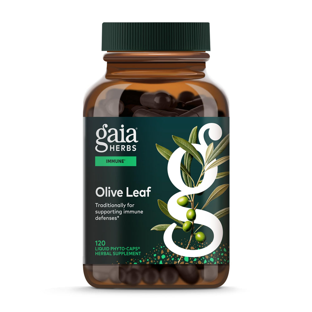 Gaia Herbs Olive Leaf bottle label signaling traditional immune support.