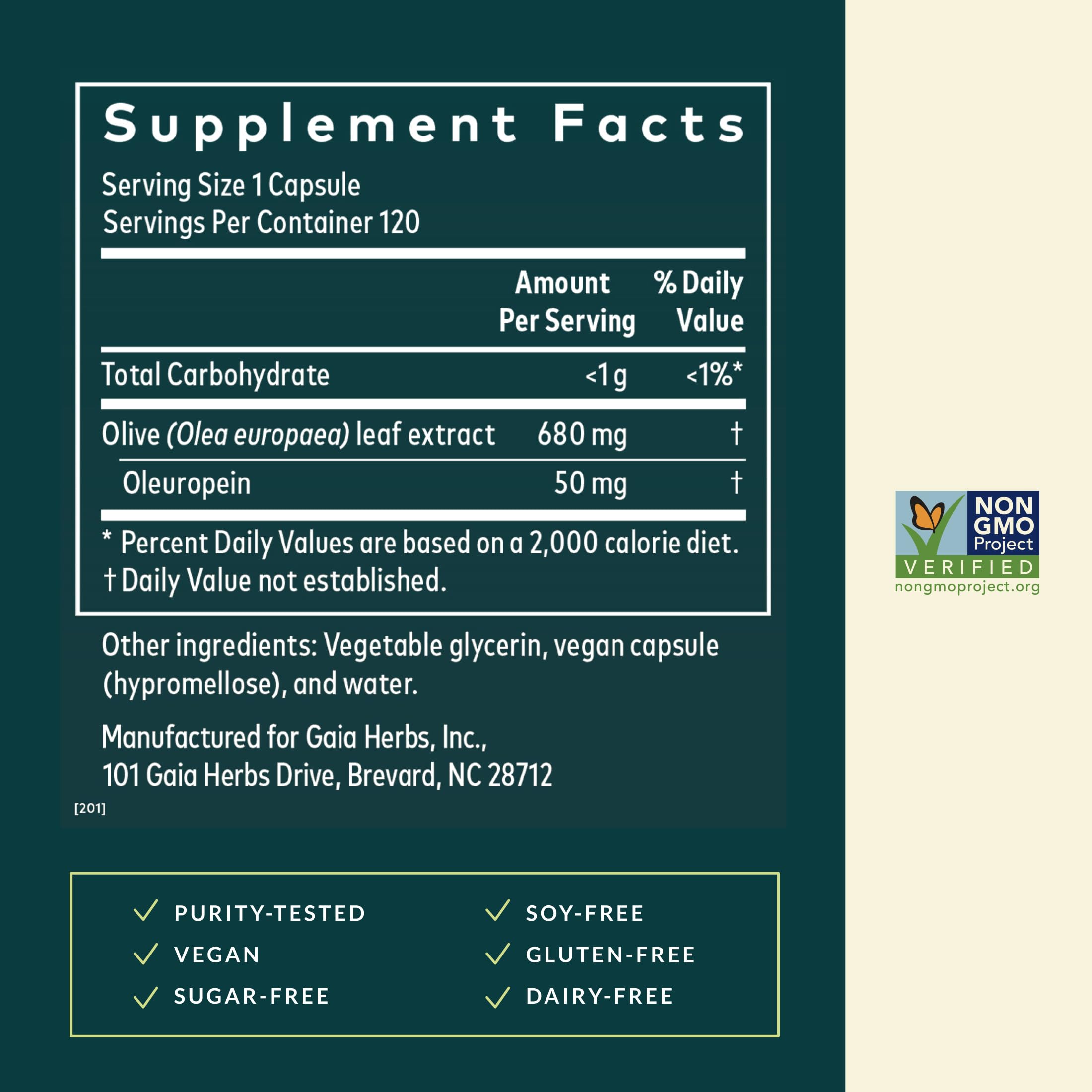 Gaia Herbs Olive Leaf extract close-up highlights oleuropein-rich formula.