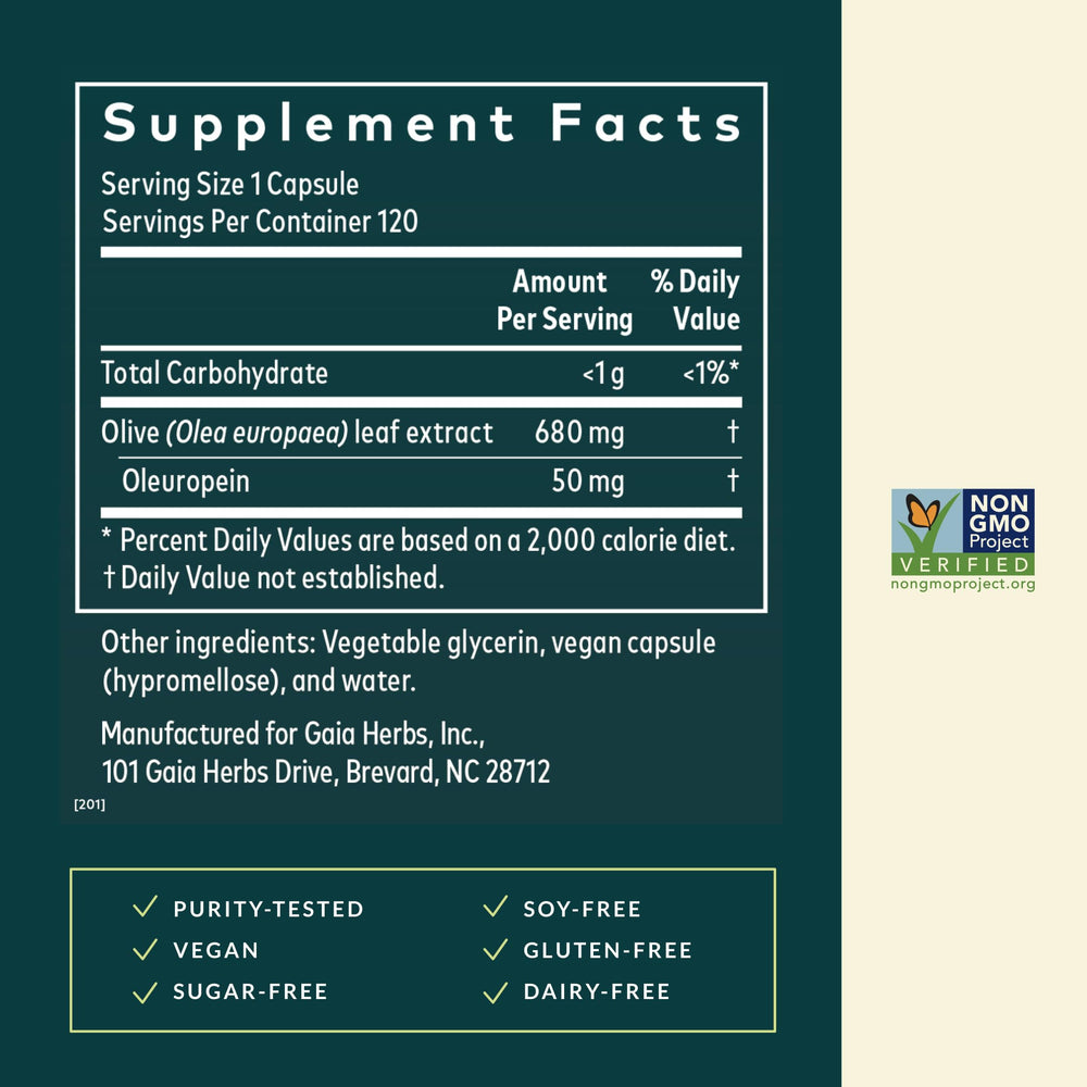 Gaia Herbs Olive Leaf extract close-up highlights oleuropein-rich formula.