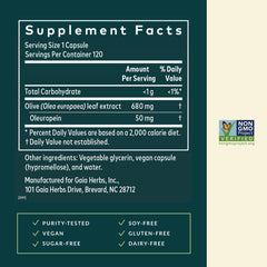 Gaia Herbs Olive Leaf extract close-up highlights oleuropein-rich formula.